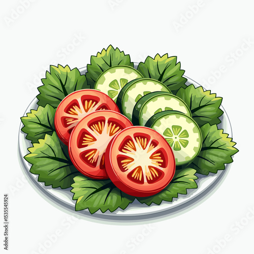 Fresh vegetable salad with sliced tomatoes and cucumbers on plate  