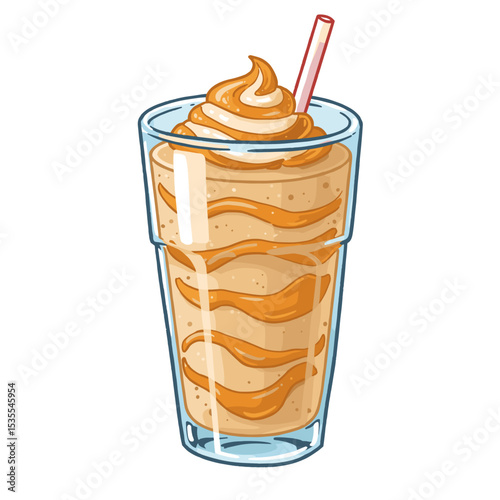 Iced coffee drink with whipped cream and straw in a glass  