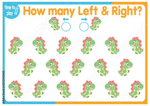 Children's educational game, tasks. Count how many elements will be placed on the right and how many on the left. Dinosaurs.	
