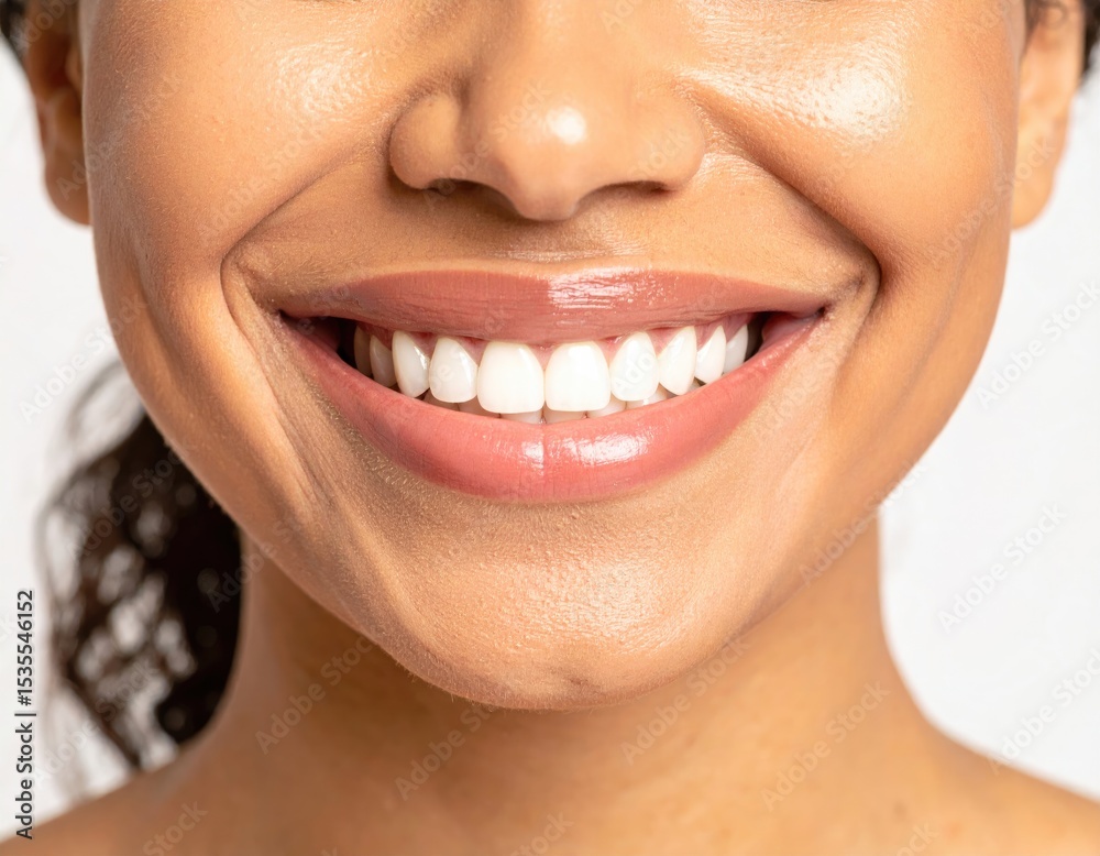 Obraz premium Close-up view of a person's smiling mouth and teeth.
