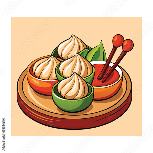 Deliciously presented dumplings with dipping sauce on a wooden serving plate vector illustration