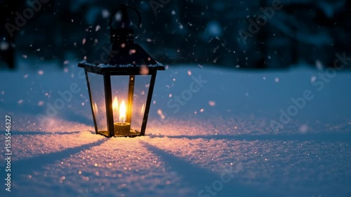Vintage lantern with burning candle flame glowing in deep snow during heavy snowfall. Atmospheric winter scene for christmas and holiday decorations