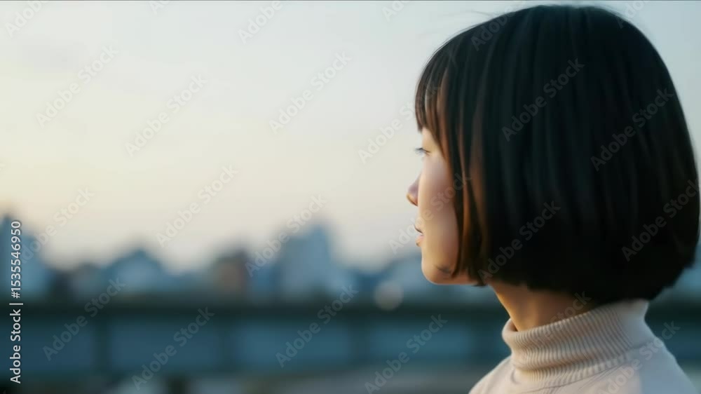 Asian woman with short bob haircut in profile view wearing cream turtleneck sweater against blurred city background. Contemplative portrait for lifestyle content