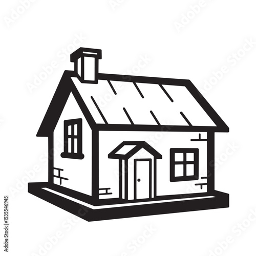 Simple black and white silhouette illustration of a traditional house with a chimney and two windows depicting residential architecture