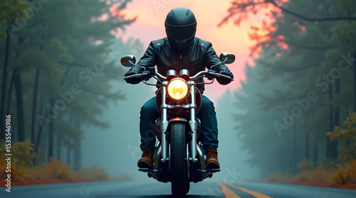 Lone biker on winding road surrounded by tall trees at golden hour, perfect for outdoor lifestyle imagery and exploration themes