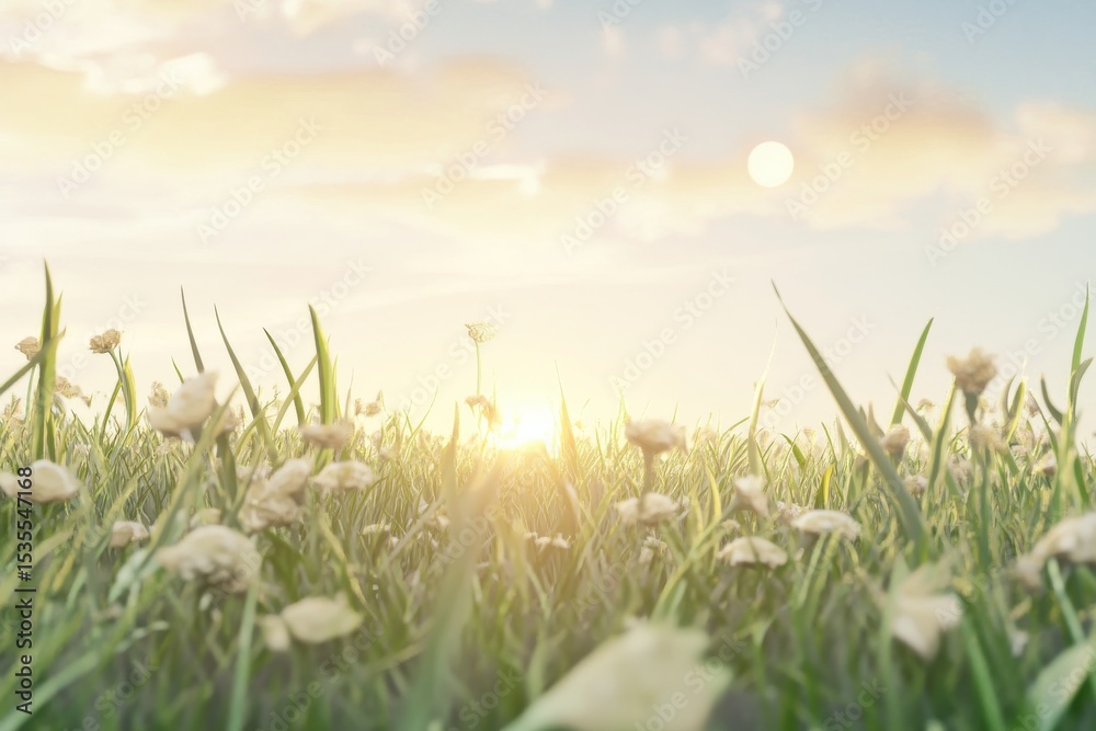 Fototapeta premium Background cartoon grass field and sky in soft tones