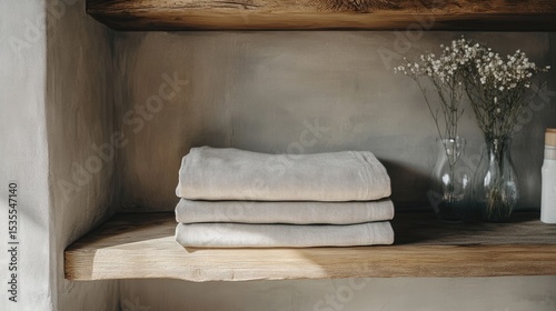 Soft Gray Towels Stacked Neatly on a Rustic Wooden Shelf with Delicate Flowers in Glass Vases