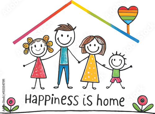 A Sketch of Happiness: A heartwarming sketch illustrates a family's joy, symbolizing unity and domestic bliss, all under a colorful rainbow roof, embracing love and contentment.