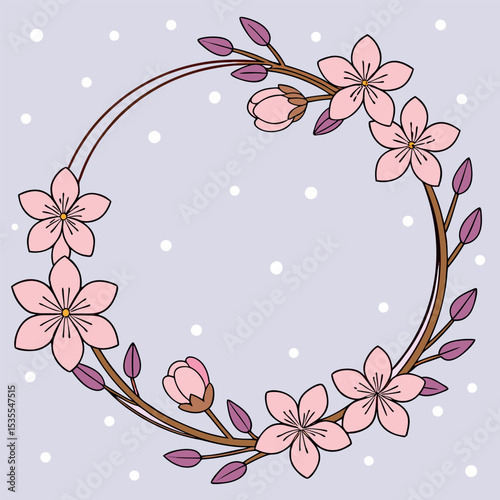 Floral Circle Frame with Cherry Blossoms and Buds on a Light Purple Background with White Dots for Springtime Designs