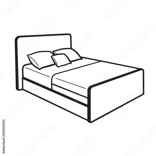 Simple silhouette illustration of a modern bed with pillows and linens for interior design and home decor concepts