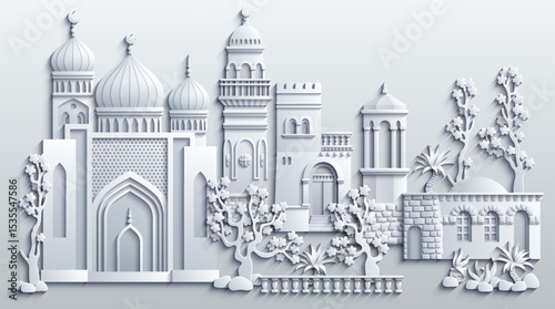 White paper cut style vector illustration of an oriental city with domes, towers, and minarets. Perfect for Arabian, Islamic, and fairytale themed designs