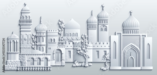 White paper cut style vector illustration of an oriental city with domes, towers, and minarets. Perfect for Arabian, Islamic, and fairytale themed designs