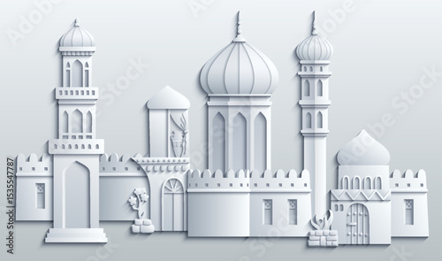 White paper cut style vector illustration of an oriental city with domes, towers, and minarets. Perfect for Arabian, Islamic, and fairytale themed designs