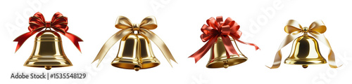 Golden Bells of Merriment: A harmonious row of golden bells, each adorned with festive bows, conveys a sense of joyous anticipation and seasonal cheer, isolated on transparent background, cut out, png