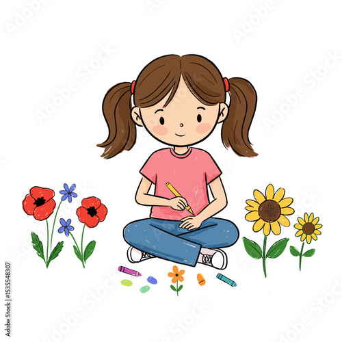 A girl sits on the ground with colored pencils.