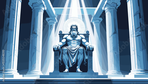 Imposing statue of a Greek deity on a grand throne, radiant lighting, ancient mythological scene, artistic interpretation, cultural concept