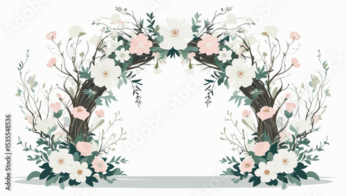Elegant floral arch design with soft colors, decorative frame, wedding and event decoration concept, copy space