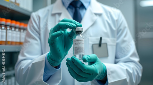 Scientist in laboratory holding labeled sterile vial with teal gloves, ideal for medical research and pharmaceutical branding