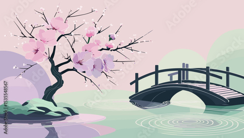 Beautiful cherry blossom tree with a wooden bridge, serene water reflections, Asian-inspired landscape, tranquility concept