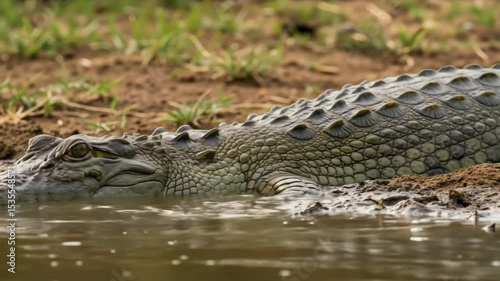 Large crocodile resting in shallow muddy water with scaly skin and yellow eyes. Dangerous reptile predator for wildlife documentaries and nature education