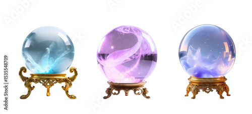 Three crystal balls bathed in radiant light, each resting gracefully on ornate golden stands, inviting contemplation and curiosity, isolated on transparent background, cut out, png