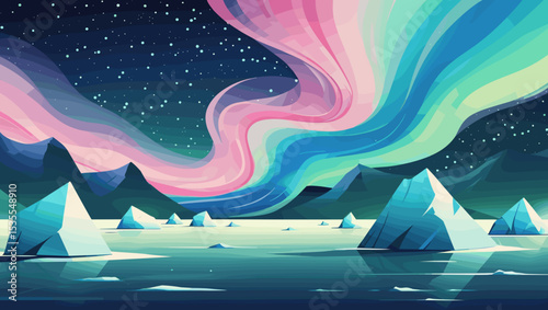 Breathtaking aurora borealis over icy landscape, vibrant colors, serene night scene, natural wonders concept