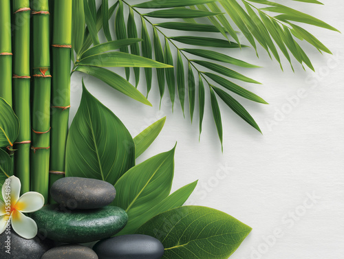 Zen Harmony: A serene arrangement of bamboo stalks, vibrant green leaves, smooth stones, and a delicate frangipani bloom, creating a harmonious composition that embodies tranquility and balance.