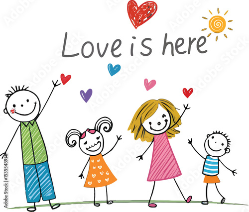 Happy Family Love is Here: A cheerful illustration of a happy family, a father, mother, daughter and son, filled with love and joy, celebrating togetherness.  