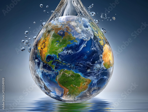 World in a Water Drop: A vivid depiction of the Earth encapsulated within a transparent water drop, symbolizing the importance of water and environmental awareness.