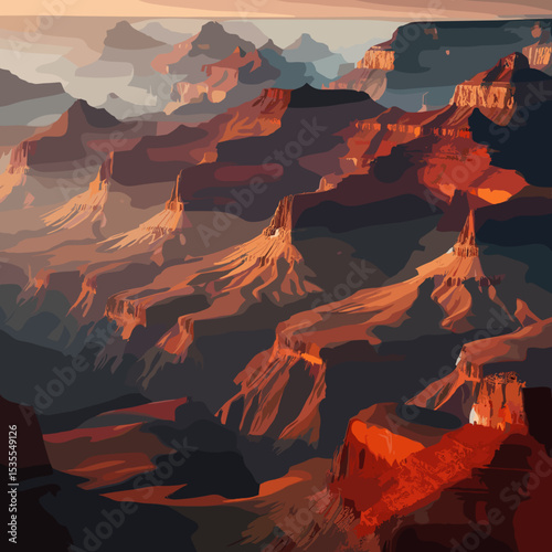 Grand Canyon landscape with dramatic rock formations and warm sunset colors
