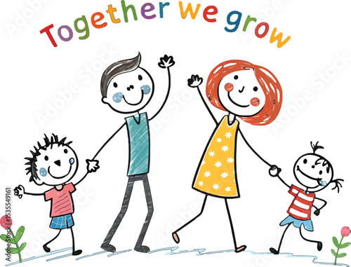 Happy Family Growth: A cheerful illustration of a family—mother, father, son, and daughter—joyfully celebrates togetherness and growth.