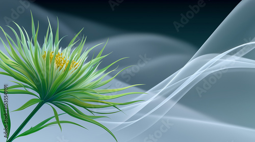 Green Flower Abstract: An artistic rendering of a vibrant green flower with delicate yellow accents, set against a backdrop of flowing, translucent grey and blue waves. This image evokes serenity.
