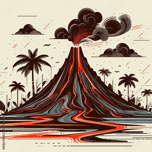 Erupting volcano with flowing lava and palm trees, dramatic landscape, natural phenomenon and adventure concept