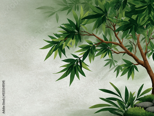 Tranquil Tree: A captivating illustration of a flourishing tree, showcasing lush green foliage and a tranquil, serene atmosphere.
