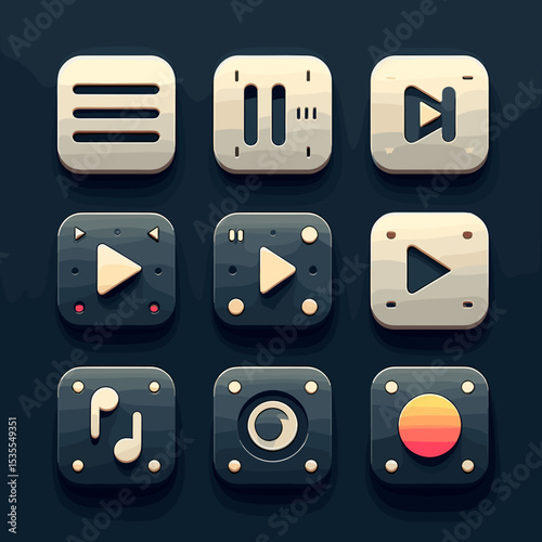 Stylish multimedia control icons, modern design, sleek interface, technology and application concept