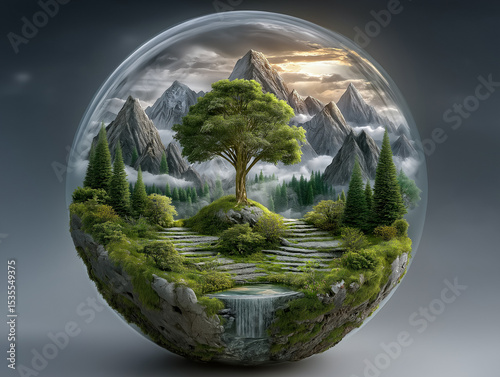 Glass Globe of Serenity: Within a translucent glass sphere, a miniature world unfolds – a serene landscape with a majestic tree, misty mountains, lush greenery, and a cascading waterfall.