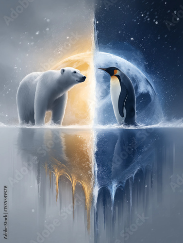 Polar Bear and Penguin: An artistic rendition of a polar bear and a penguin standing face to face at the edge of their vastly different worlds, creating a captivating contrast between cold and warmth.