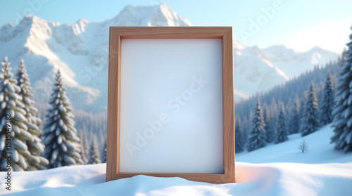 Snowy forest with empty picture frame and starburst reflection, great for conceptual designs and editorial visuals