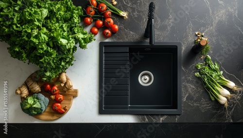 Modern kitchen sink with fresh produce.  Fresh vegetables and herbs arranged around a sleek black sink on a marble countertop