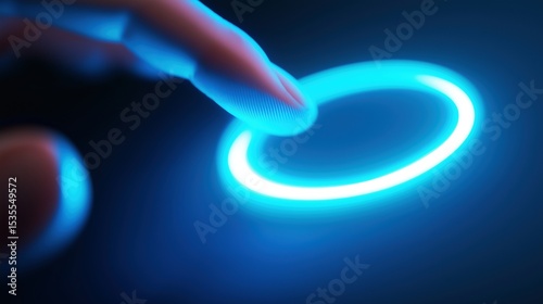 User finger pressing key with neon ring image with digital overlay. Innovative technology virtual interface photography conceptual composite. Digitization concept photo realistic