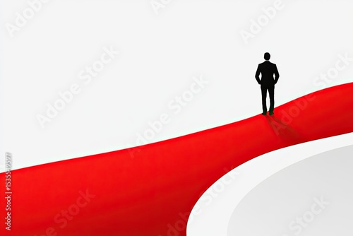 A single figure stands on a red path,  reaching a summit