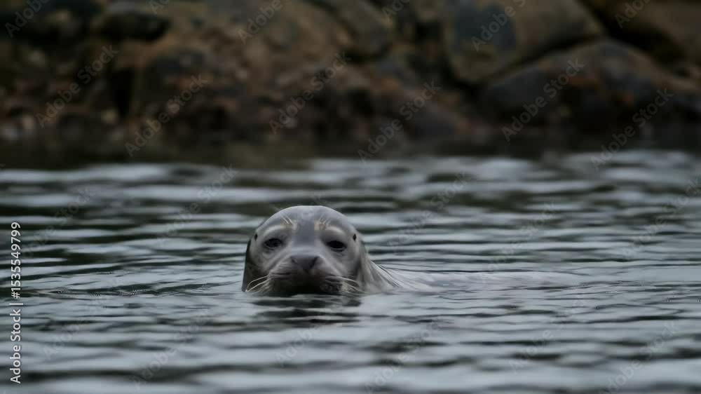 Harbor seal with spotted gray fur swimming in calm water near rocky shore. Marine wildlife for nature documentaries and aquatic animal conservation Harbor seal with spotted gray fur swimming in calm water near rocky shore. Marine wildlife for nature documentaries and aquatic animal conservation