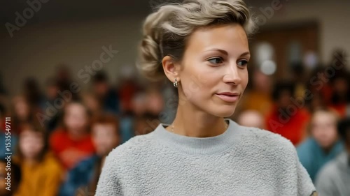 Wallpaper Mural Confident speaker engages crowded audience with poised presence and professionalism Torontodigital.ca