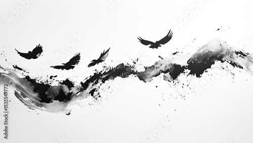 Abstract Ink Flight of Crows