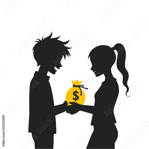 Young couple holding money bag in silhouette illustration