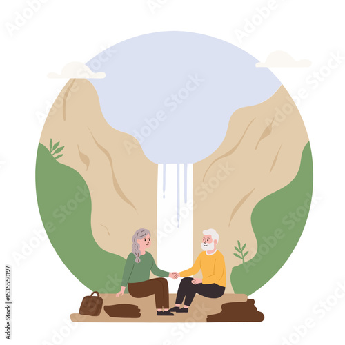 Elderly couple near waterfall. Senior couple enjoying scenic nature view. Retired people admiring waterfall landscape. Love and connection in old age by the water. Elderly set