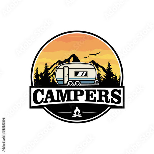 Adventure car, camping car, or recreational vehicle (RV) logo template, Isolated.