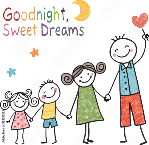 Whimsical Dreamtime: A heartwarming illustration of a parent and children, holding hands, under a crescent moon and stars, embodying the sweetness of a "Goodnight, Sweet Dreams" scene.