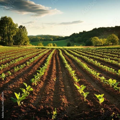 Lush Green Crops in a Serene Agricultural Landscape at Sunset