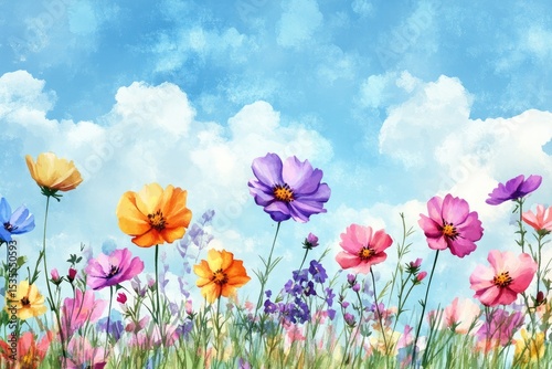 Colorful wildflowers in a field against a vibrant sky